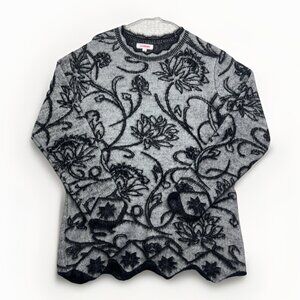 Le Grenier Knit Sweater Wom Sz L Gray / Black Floral All Over Print Pullover